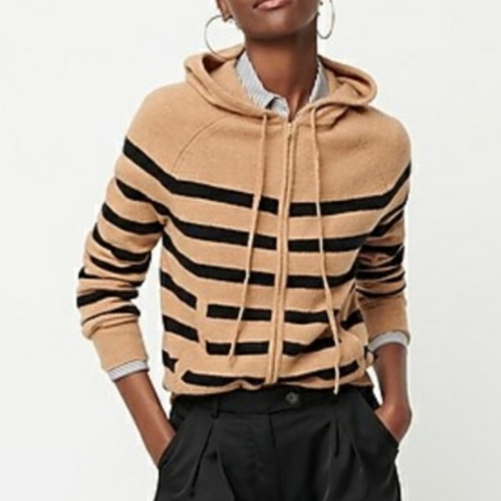J. Crew Zip Up Stripe Hoodie Sweater In Supersoft Yarn